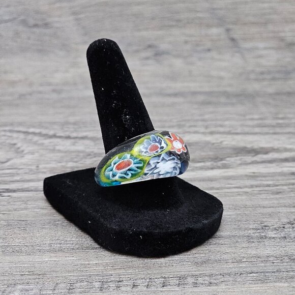Murano Glass Italian Mosaic Multicolored Millefiori Floral Ring 7.5 - Picture 8 of 8